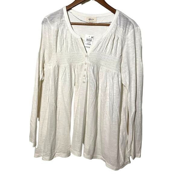 Style & Co NWT Knit Shirt Women's Size Large Henley  Smocked Cotton Blend - Picture 3 of 13